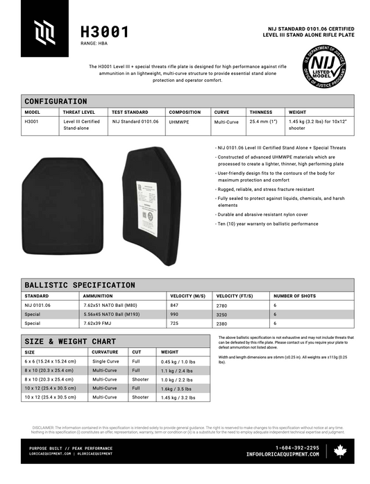 Lorica Equipment H3001 Level III + Special Threats Armour (Single Plate)