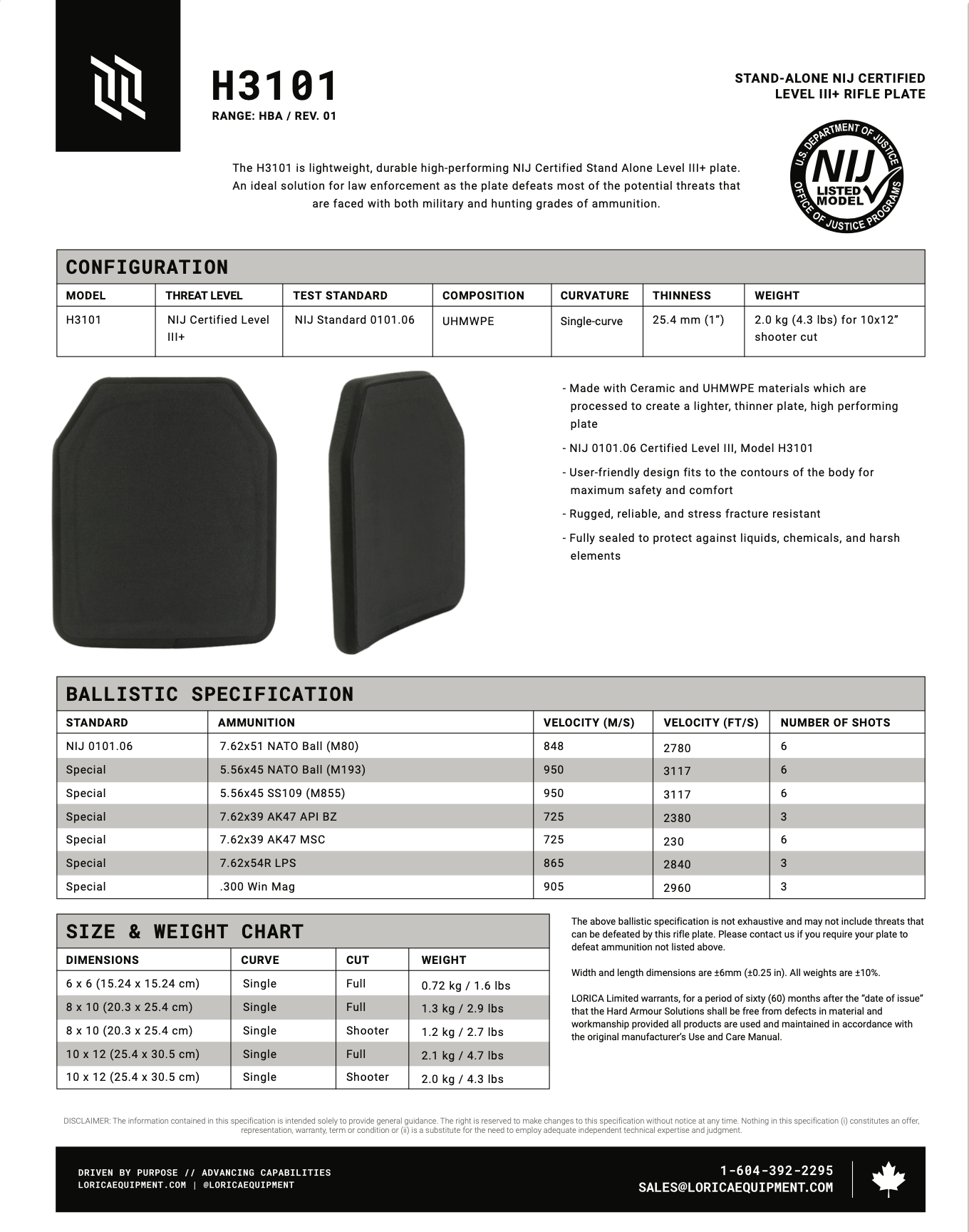 Lorica Equipment H3101-AP -Level 3 Plus Armour Piercing (Single Plate)